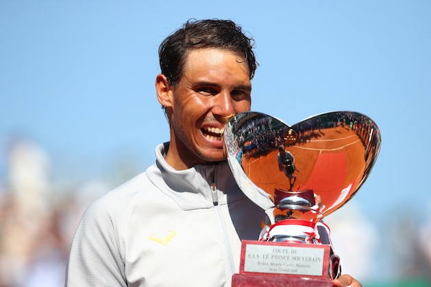 MONTE-CARLO, MONACO - APRIL 22:  Rafael Nadal of Spain holds his winners trophy after winning the Monte Carlo Rolex Masters against Kei Nishikori of Japan during day eight of ATP Masters Series: Monte Carlo Rolex Masters at Monte-Carlo Sporting Club on April 22, 2018 in Monte-Carlo, Monaco.  (Photo by Julian Finney/Getty Images)