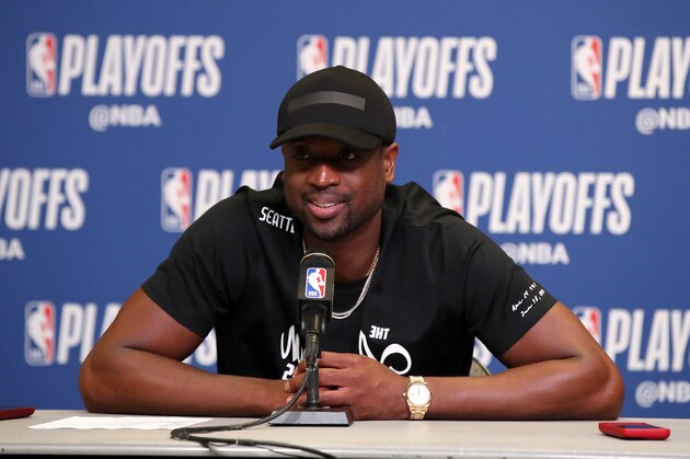 MIAMI, FL - APRIL 21: Dwyane Wade #3 of the Miami Heat speaks to the media after Game Four of the Eastern Conference Quarterfinals against the Philadelphia 76ers during the 2018 NBA Playoffs on April 21, 2018 at American Airlines Arena in Miami, Florida. NOTE TO USER: User expressly acknowledges and agrees that, by downloading and/or using this photograph, user is consenting to the terms and conditions of the Getty Images License Agreement. Mandatory Copyright Notice: Copyright 2018 NBAE (Photo by Issac Baldizon/NBAE via Getty Images)