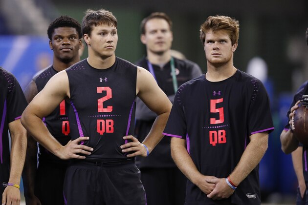 INDIANAPOLIS, IN - MARCH 03: USC quarterback Sam Darnold (right) and Wyoming quarterback Josh Allen look on during the NFL Combine at Lucas Oil Stadium on March 3, 2018 in Indianapolis, Indiana. (Photo by Joe Robbins/Getty Images)