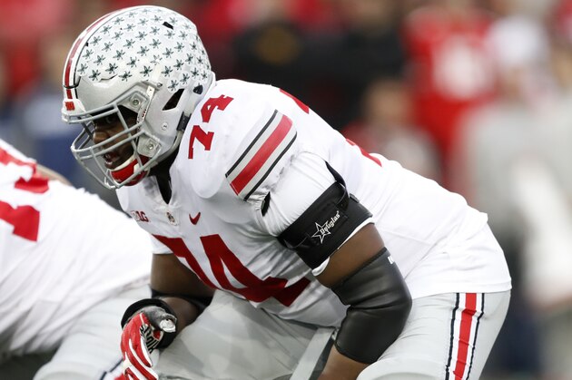 Ohio State offensive lineman Jamarco Jones (74) gets set for a play during the first half of an NCAA college football game against Iowa, Saturday, Nov. 4, 2017, in Iowa City, Iowa. (AP Photo/Charlie Neibergall)