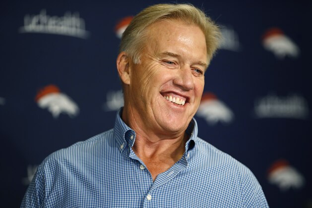 John Elway, general manager of the Denver Broncos, talks with reporters during a news conference about the team's priorities in the NFL Draft Thursday, April 19, 2018, in the team's headquarters in Englewood, Colo. (AP Photo/David Zalubowski)