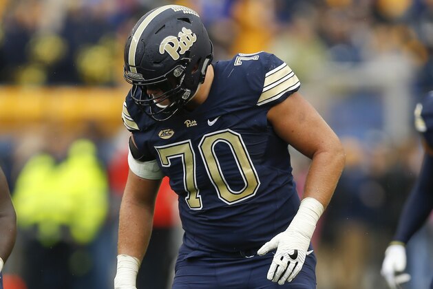 Pittsburgh offensive lineman Brian O'Neill (70) plays against Virginia during the first half of an NCAA college football game, Saturday, Oct. 28, 2017, in Pittsburgh. (AP Photo/Keith Srakocic)