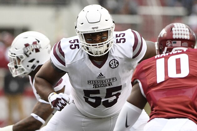 Mississippi State lineman Martinas Rankin sets up to block against Arkansas during the first half of an NCAA college football game Saturday, Nov. 18, 2017 in Fayetteville, Ark. (AP Photo/Michael Woods)