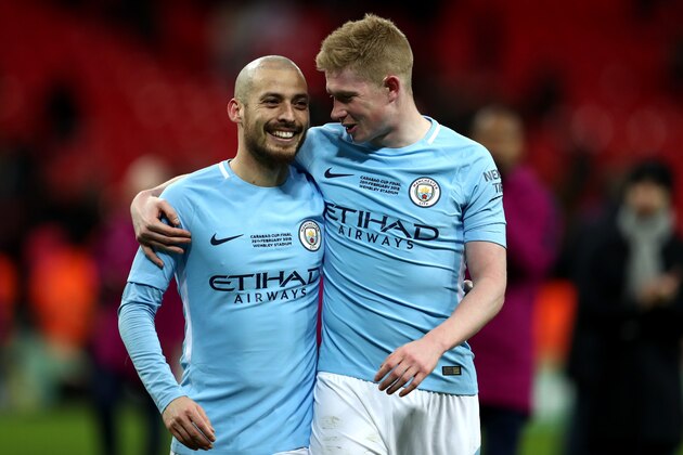 LONDON, ENGLAND - FEBRUARY 25:  David Silva and Kevin De Bruyne of Manchester City celebrate after the Carabao Cup Final between Arsenal and Manchester City at Wembley Stadium on February 25, 2018 in London, England.  (Photo by Catherine Ivill/Getty Images)