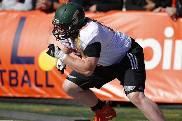 South Squad offensive tackle Alex Cappa of Humboldt State in action during the South team's practice for Saturday's Senior Bowl college football game in Mobile, Ala., Tuesday, Jan. 23, 2018. (AP Photo/Brynn Anderson)