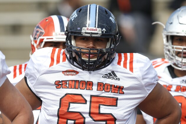 North squad offensive tackle Jamil Demby of Maine in action during the North teams practice for Saturday's Senior Bowl college football game in Mobile, Ala.,Wednesday, Jan. 24, 2018. (AP Photo/Brynn Anderson)