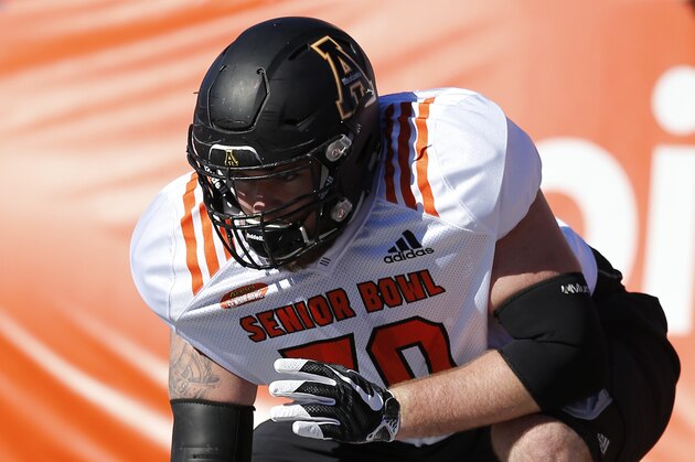 South Squad guard Colby Gossett of Appalachian State in action during the South team's practice for Saturday's Senior Bowl college football game in Mobile, Ala., Tuesday, Jan. 23, 2018. (AP Photo/Brynn Anderson)