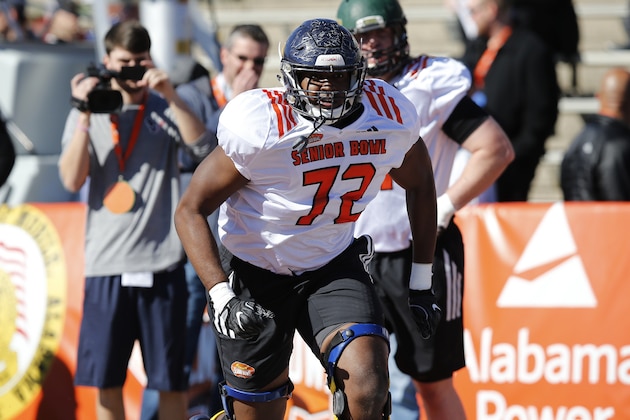 South Squad offensive tackle Brandon Parker of North Carolina A&T in action during the South team's practice for Saturday's Senior Bowl college football game in Mobile, Ala., Tuesday, Jan. 23, 2018. (AP Photo/Brynn Anderson)