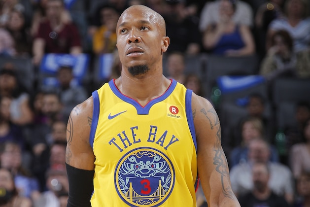 SACRAMENTO, CA - MARCH 31: David West #3 of the Golden State Warriors looks on during the game against the Sacramento Kings on March 31, 2018 at Golden 1 Center in Sacramento, California. NOTE TO USER: User expressly acknowledges and agrees that, by downloading and or using this photograph, User is consenting to the terms and conditions of the Getty Images Agreement. Mandatory Copyright Notice: Copyright 2018 NBAE (Photo by Rocky Widner/NBAE via Getty Images)