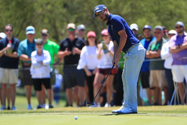 SAN ANTONIO, TX - APRIL 22:  Andrew Landry putts on the eighth green during the final round of the Valero Texas Open at TPC San Antonio AT&T Oaks Course on April 22, 2018 in San Antonio, Texas.  (Photo by Tom Pennington/Getty Images)