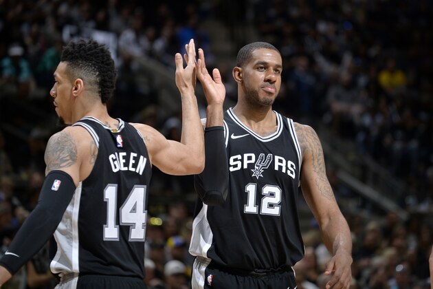 SAN ANTONIO, TX - APRIL 22: Danny Green #14 and LaMarcus Aldridge #12 of the San Antonio Spurs react to a play in Game Four of the Western Conference Quarterfinals against the Golden State Warriors during the 2018 NBA Playoffs on April 22, 2018 at the AT&T Center in San Antonio, Texas. NOTE TO USER: User expressly acknowledges and agrees that, by downloading and/or using this photograph, user is consenting to the terms and conditions of the Getty Images License Agreement. Mandatory Copyright Notice: Copyright 2018 NBAE (Photos by Mark Sobhani/NBAE via Getty Images)
