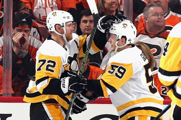 PHILADELPHIA, PA - APRIL 22: Patric Hornqvist #72 of the Pittsburgh Penguins (l) celebrates his second period goal against the Philadelphia Flyers and is joined by Jake Guentzel #59 (r) in Game Six of the Eastern Conference First Round during the 2018 NHL Stanley Cup Playoffs at the Wells Fargo Center on April 22, 2018 in Philadelphia, Pennsylvania.  (Photo by Bruce Bennett/Getty Images)