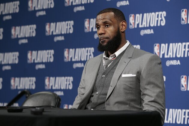 INDIANAPOLIS, IN - APRIL 20: LeBron James #23 of the Cleveland Cavaliers talks to the media following Game Three of Round One of the 2018 NBA Playoffs against the Indiana Pacers  on April 20, 2018 at Bankers Life Fieldhouse in Indianapolis, Indiana. NOTE TO USER: User expressly acknowledges and agrees that, by downloading and or using this Photograph, user is consenting to the terms and conditions of the Getty Images License Agreement. Mandatory Copyright Notice: Copyright 2018 NBAE (Photo by Ron Hoskins/NBAE via Getty Images)