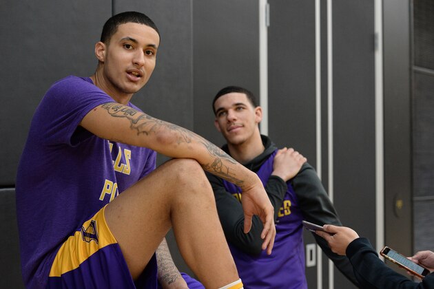 EL SEGUNDO, CA - FEBRUARY 12: Kyle Kuzma #0 and Lonzo Ball #2 of the Los Angeles Lakers talk during an all access practice on February 12, 2018 at UCLA Heath Training Center in El Segundo, California. NOTE TO USER: User expressly acknowledges and agrees that, by downloading and or using this photograph, User is consenting to the terms and conditions of the Getty Images License Agreement. Mandatory Copyright Notice: Copyright 2018 NBAE (Photo by Andrew D. Bernstein/NBAE via Getty Images)