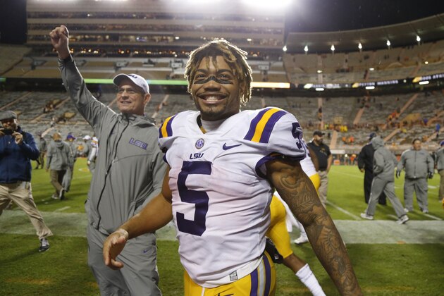 KNOXVILLE, TN - NOVEMBER 18: Derrius Guice #5 of the LSU Tigers celebrates after defeating the Tennessee Volunteers at Neyland Stadium on November 18, 2017 in Knoxville, Tennessee. (Photo by Michael Reaves/Getty Images) KNOXVILLE, TN - NOVEMBER 18: Derrius Guice #5 of the LSU Tigers celebrates after defeating the Tennessee Volunteers at Neyland Stadium on November 18, 2017 in Knoxville, Tennessee. (Photo by Michael Reaves/Getty Images)