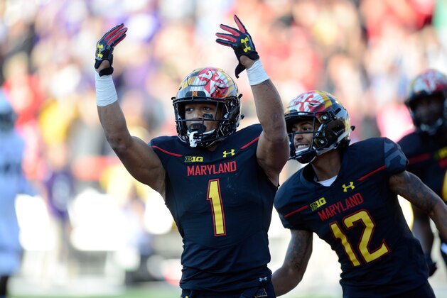 COLLEGE PARK, MD - OCTOBER 14:  D.J. Moore #1 of the Maryland Terrapins celebrates with teammates after scoring against the Northwestern Wildcats on October 14, 2017 in College Park, Maryland.  (Photo by G Fiume/Maryland Terrapins/Getty Images)