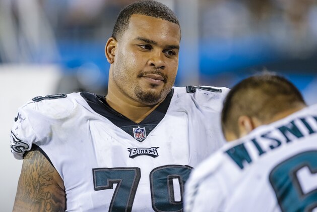 Philadelphia Eagles' Brandon Brooks (79) on the bench against the Carolina Panthers during the second half of an NFL football game in Charlotte, N.C., Thursday, Oct. 12, 2017. The Eagles won 28-23. (AP Photo/Bob Leverone)