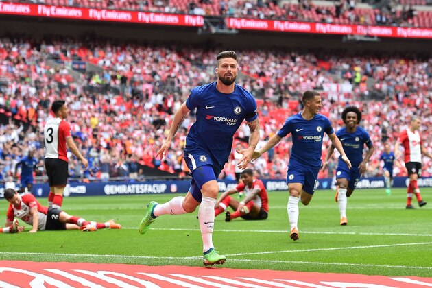 Chelsea's French striker Olivier Giroud celebrates scoring the opening goal during the English FA Cup semi-final football match between Chelsea and Southampton at Wembley Stadium in London, on April 22, 2018. (Photo by Glyn KIRK / AFP) / NOT FOR MARKETING OR ADVERTISING USE / RESTRICTED TO EDITORIAL USE        (Photo credit should read GLYN KIRK/AFP/Getty Images)