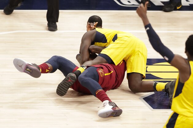 Indiana Pacers guard Lance Stephenson (1) ties up Cleveland Cavaliers forward Jeff Green (32) during the second half of Game 4 of an NBA basketball first-round playoff series in Indianapolis, Sunday, April 22, 2018. Stephenson was charged with a foul. The Cavaliers defeated the Pacers 104-100. (AP Photo/Michael Conroy) Indiana Pacers guard Lance Stephenson (1) ties up Cleveland Cavaliers forward Jeff Green (32) during the second half of Game 4 of an NBA basketball first-round playoff series in Indianapolis, Sunday, April 22, 2018. Stephenson was charged with a foul. The Cavaliers defeated the Pacers 104-100. (AP Photo/Michael Conroy)