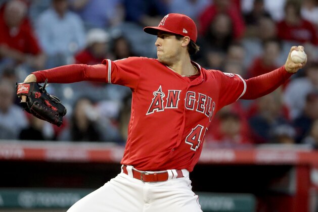 Los Angeles Angels starting pitcher Tyler Skaggs throws to a Boston Red Sox batter during the first inning of a baseball game in Anaheim, Calif., Wednesday, April 18, 2018. (AP Photo/Chris Carlson)