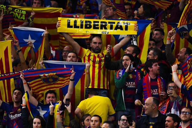 BARCELONA, SPAIN - APRIL 21:  FC Barcelona supporters enjoy the atmosphere during the Spanish Copa del Rey Final match between Barcelona and Sevilla at Wanda Metropolitano stadium on April 21, 2018 in Barcelona, Spain.  (Photo by David Ramos/Getty Images)