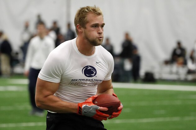 Penn State tight end Mike Gesicki (88) runs after catching a pass during Penn State Pro Day in State College, Pa., Tuesday, March 20, 2018. (AP Photo/Gene J. Puskar)