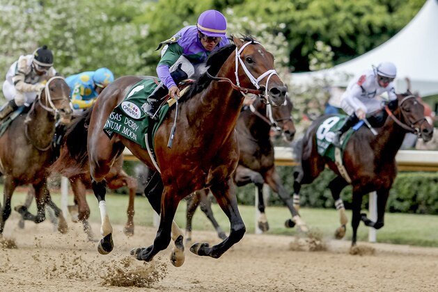 HOT SPRINGS, AR - APRIL 14: Magnum Moon #6, with jockey Luis Saez, extends his lead to win the Arkansas Derby at Oaklawn Park on April 14, 2018 in Hot Springs, Arkansas. (Photo by Justin Manning/Eclipse Sportswire/Getty Images)