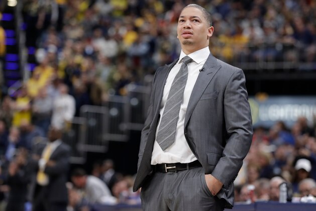 Cleveland Cavaliers head coach Tyronn Lue watches during the second half of Game 4 of a first-round NBA basketball playoff series against the Indiana Pacers, Sunday, April 22, 2018, in Indianapolis. Cleveland won 104-100. (AP Photo/Darron Cummings)