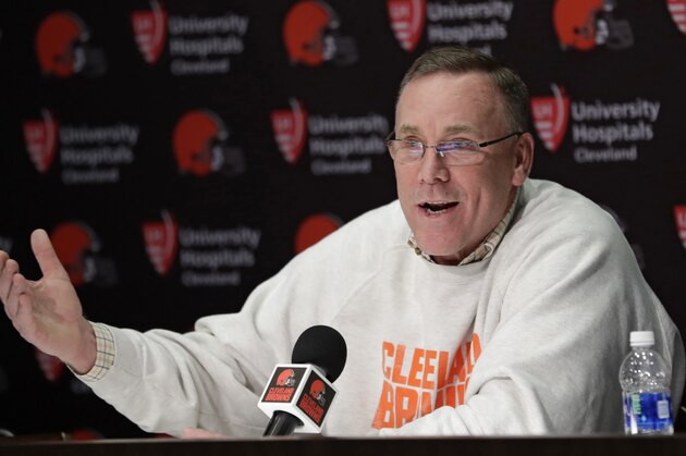 Cleveland Browns general manager John Dorsey answers questions about the draft during a news conference at the NFL football team's training camp facility, Thursday, April 19, 2018, in Berea, Ohio. (AP Photo/Tony Dejak)