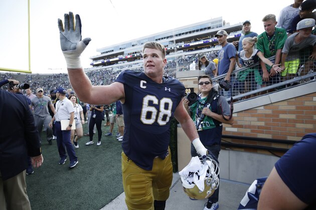 SOUTH BEND, IN - SEPTEMBER 02: Mike McGlinchey #68 of the Notre Dame Fighting Irish looks on after a game against the Temple Owls at Notre Dame Stadium on September 2, 2017 in South Bend, Indiana. The Irish won 49-16. (Photo by Joe Robbins/Getty Images)
