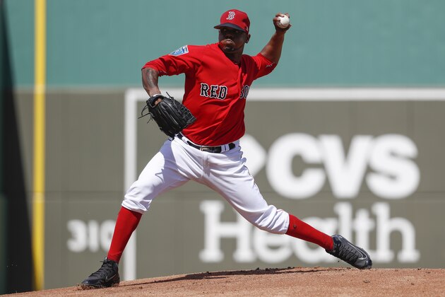 Boston Red Sox starting pitcher Roenis Elias throws in the first inning of a spring training baseball game against the Tampa Bay Rays, Saturday, Feb. 24, 2018, in Fort Myers, Fla. (AP Photo/John Minchillo)