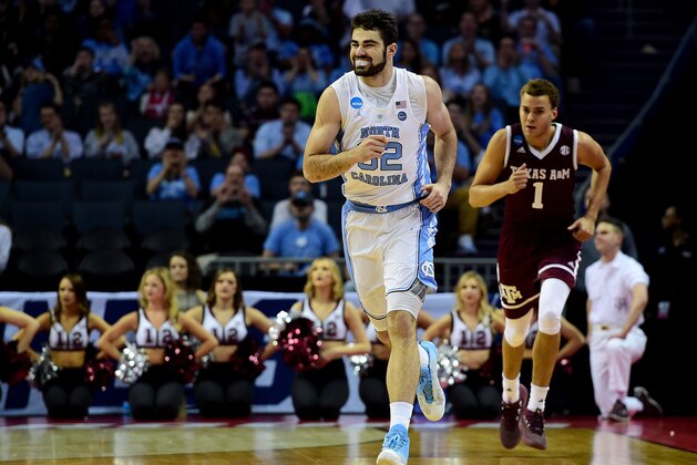 CHARLOTTE, NC - MARCH 18: Luke Maye #32 of the North Carolina Tar Heels runs down court against the Texas A&M Aggies during the second round of the 2018 NCAA Men's Basketball Tournament at Spectrum Center on March 18, 2018 in Charlotte, North Carolina.  (Photo by Jared C. Tilton/Getty Images)