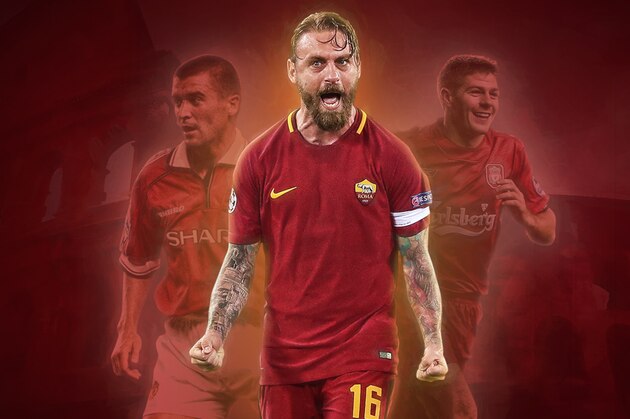 Roma's Daniele De Rossi celebrates reaching the semifinals after the Champions League quarterfinal second leg soccer match between between Roma and FC Barcelona, at Rome's Olympic Stadium, Tuesday, April 10, 2018. (AP Photo/Gregorio Borgia)