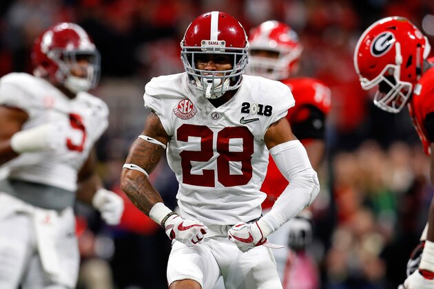 ATLANTA, GA - JANUARY 08: Anthony Averett #28 of the Alabama Crimson Tide reacts to a play during the first quarter against the Georgia Bulldogs in the CFP National Championship presented by AT&T at Mercedes-Benz Stadium on January 8, 2018 in Atlanta, Georgia.  (Photo by Kevin C. Cox/Getty Images)
