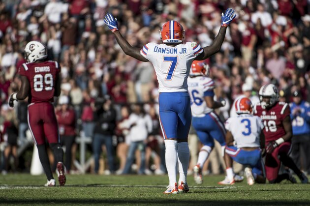 Florida defensive back Duke Dawson (7) reacts to a play during the second half of an NCAA college football game Saturday, Nov. 11, 2017, in Columbia, S.C. South Carolina defeated Florida 28-20. (AP Photo/Sean Rayford)