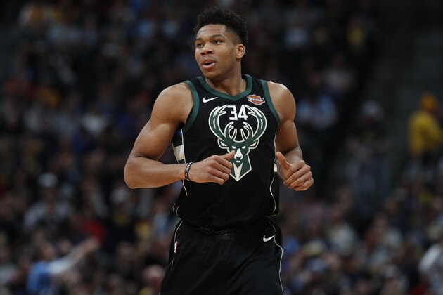 Milwaukee Bucks forward Giannis Antetokounmpo (34) in the first half of an NBA basketball game Sunday, April 1, 2018. (AP Photo/David Zalubowski)
