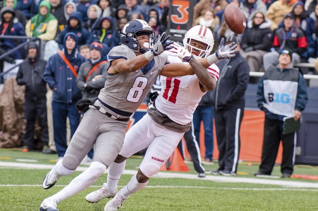 Illinois wide receiver Dominic Thieman (8) reaches for a bobbled pass in the end zone as Wisconsin cornerback Nick Nelson (11) defends during the second quarter of an NCAA college football game, Saturday, Oct. 28, 2017, at Memorial Stadium in Champaign, Ill. (AP Photo/Bradley Leeb)