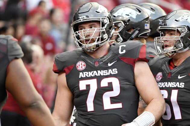 Arkansas lineman Frank Ragnow (72) warms up as he prepares to play Auburn during an NCAA college football game in Fayetteville, Ark., Saturday, Oct. 21, 2017. (AP Photo/Michael Woods)