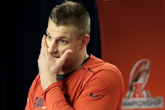 New England Patriots tight end Rob Gronkowski faces reporters during a news conference following an NFL football practice Wednesday, Jan. 17, 2018, at Gillette Stadium in Foxborough, Mass. (AP Photo/Steven Senne)