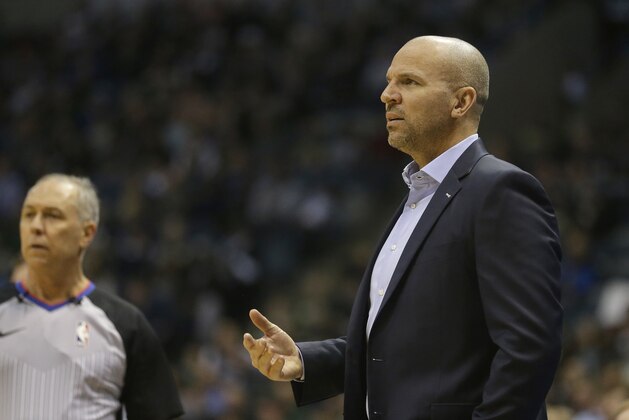 Milwaukee Bucks head coach Jason Kidd reacts to a call during an NBA basketball game against the Miami Heat Wednesday, Jan. 17, 2018, in Milwaukee. (AP Photo/Aaron Gash)