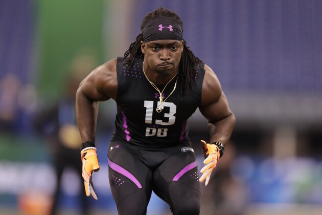 Illinois State defensive back Davontae Harris runs a drill at the NFL football scouting combine in Indianapolis, Monday, March 5, 2018. (AP Photo/Michael Conroy)