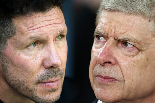 FILE PHOTO (EDITORS NOTE: GRADIENT ADDED - COMPOSITE OF TWO IMAGES - Image numbers (L) 852372342 and 942376156) In this composite image a comparison has been made between Manager Diego Simeone of Club Atletico de Madrid (L) and  Arsene Wenger of Arsenal . Arsenal FC and  Atletico Madrid meet in one of the  UEFA Europa League Semi Finals over two legs.  ***LEFT IMAGE*** MADRID, SPAIN - SEPTEMBER 23: Manager Diego Simeone of Club Atletico de Madrid looks on during the La Liga match between Atletico Madrid and Sevilla at Wanda Metropolitano on September 23, 2017 in Madrid, Spain. (Photo by Denis Doyle/Getty Images) ***RIGHT IMAGE***  LONDON, ENGLAND - APRIL 05: Arsene Wenger of Arsenal looks on during the UEFA Europa League quarter final leg one match between Arsenal FC and CSKA Moskva at Emirates Stadium on April 5, 2018 in London, United Kingdom. (Photo by Catherine Ivill/Getty Images)
