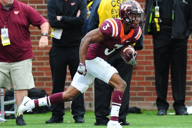 ATLANTA, GA - NOVEMBER 11: Greg Stroman #3 of the Virginia Tech Hokies returns an interception for a touchdown against the Georgia Tech Yellow Jackets on November 11, 2017 at Bobby Dodd Stadium in Atlanta, Georgia. (Photo by Scott Cunningham/Getty Images)