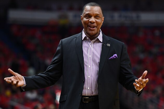 NEW ORLEANS, LA - APRIL 21:  Head coach Alvin Gentry of the New Orleans Pelicans reacts to an officials call during the first half of Game Four of the first round of the Western Conference playoffs at the Smoothie King Center on April 21, 2018 in New Orleans, Louisiana.  NOTE TO USER: User expressly acknowledges and agrees that, by downloading and or using this photograph, User is consenting to the terms and conditions of the Getty Images License Agreement.  (Photo by Stacy Revere/Getty Images)