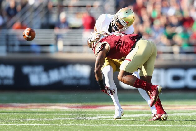 CHESTNUT HILL, MA - SEPTEMBER 16:  Kamrin Moore #5 of the Boston College Eagles hits Equanimeous St. Brown #6 of the Notre Dame Fighting Irish to force an incomplete pass during the first half at Alumni Stadium on September 16, 2017 in Chestnut Hill, Massachusetts.  (Photo by Tim Bradbury/Getty Images)