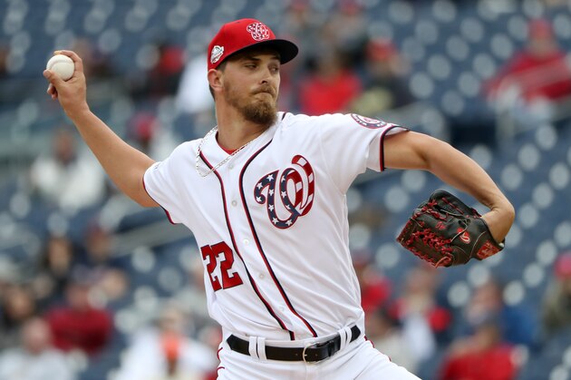 WASHINGTON, DC - APRIL 11: Starting pitcher A.J. Cole #22 of the Washington Nationals throws to a Atlanta Braves batter in the first inning at Nationals Park on April 11, 2018 in Washington, DC. (Photo by Rob Carr/Getty Images)