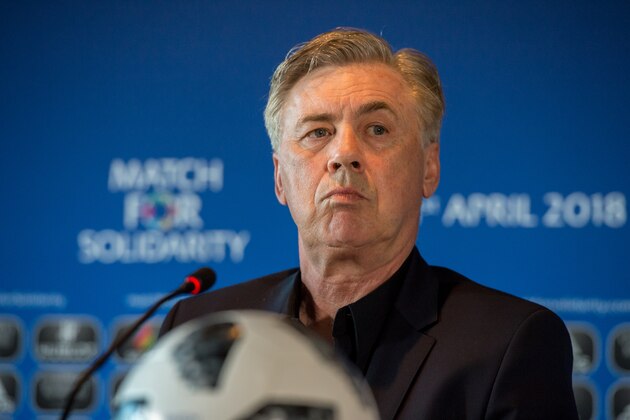 GENEVA, SWITZERLAND - APRIL 20: Head Coach Carlo Ancelotti looks on during the Press Conference of Match for Solidarity on April 20, 2018 at Grand Hotel Kempinski in Geneva, Switzerland. (Photo by Robert Hradil/Getty Images)