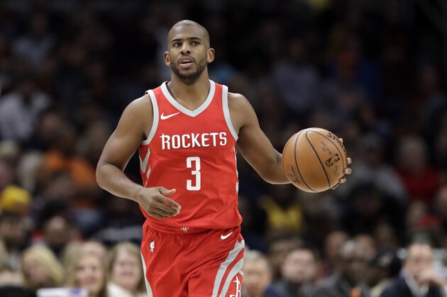 Houston Rockets' Chris Paul drives against the Cleveland Cavaliers in the second half of an NBA basketball game, Saturday, Feb. 3, 2018, in Cleveland. (AP Photo/Tony Dejak)
