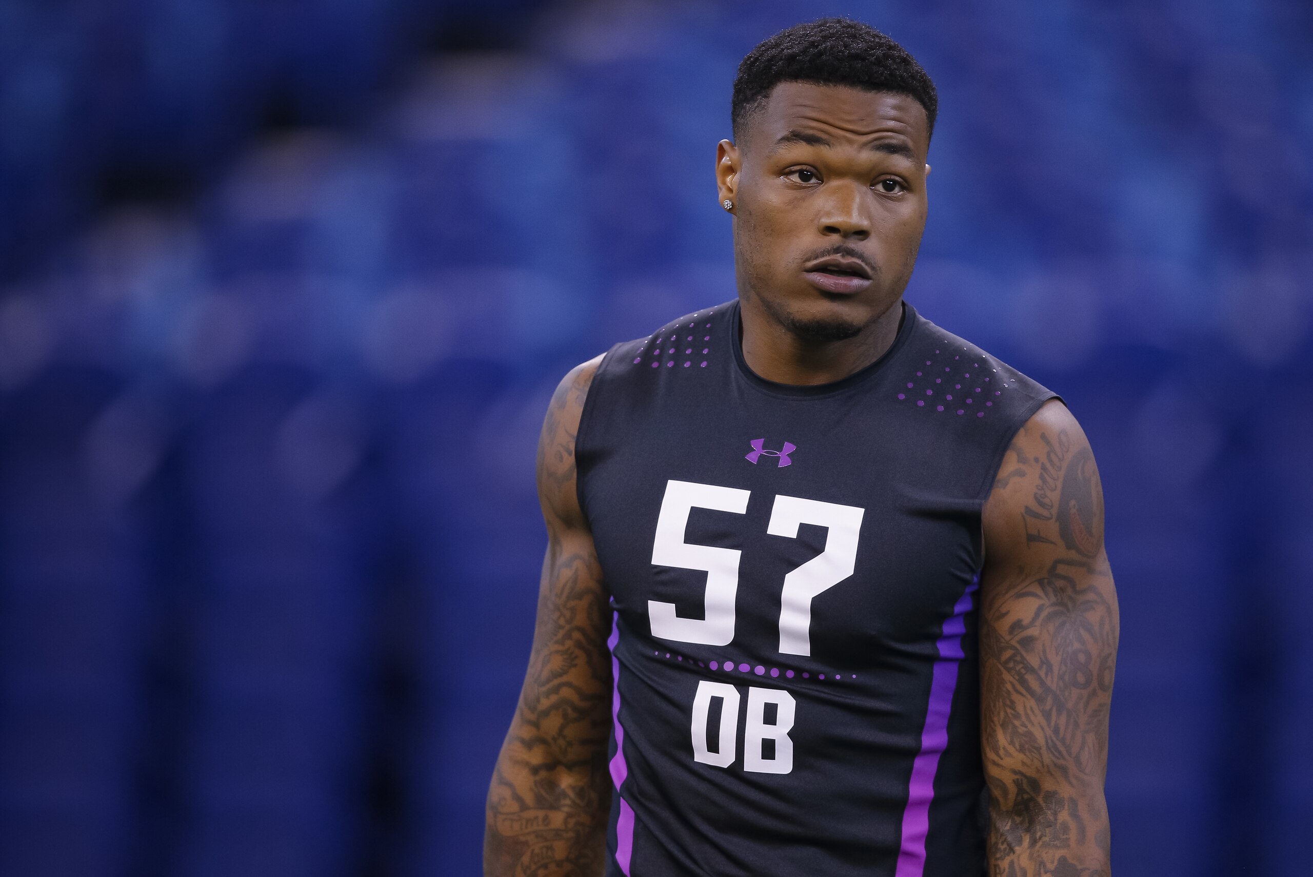 INDIANAPOLIS, IN - MARCH 05: Florida State defensive back Derwin James (DB57) is seen during the NFL Scouting Combine at Lucas Oil Stadium on March 5, 2018 in Indianapolis, Indiana. (Photo by Michael Hickey/Getty Images)