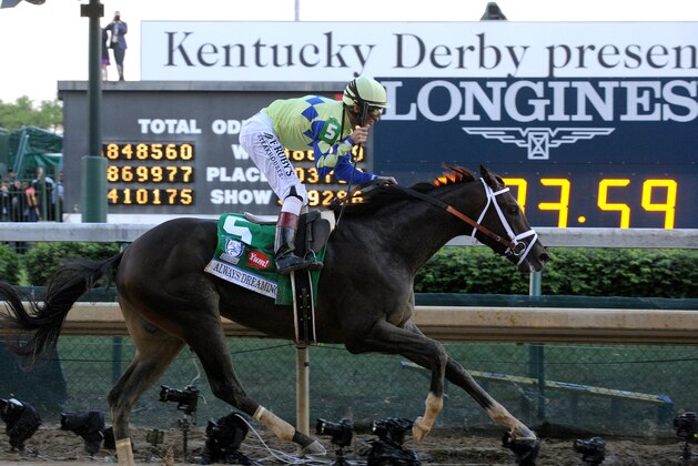 IMAGE DISTRIBUTED FOR LONGINES - Always Dreaming, ridden by John Velazquez, wins the 143rd running of the Kentucky Derby, Saturday, May 6, 2017, at Churchill Downs in Louisville, Ky. Longines, the Swiss watch manufacturer known for its luxury timepieces, is the Official Watch and Timekeeper of the 143rd annual Kentucky Derby. (Photo by Diane Bondareff /AP Images for Longines)